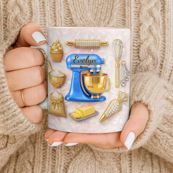 Baking With Love And Style Gold Mixer And Rolling Pin - Personalized Custom Coffee Mug - COOK037_MG