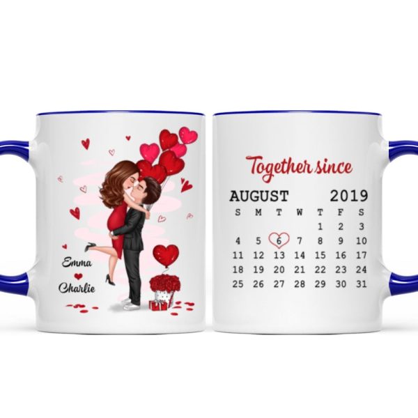 Be Mine Doll Couple Kissing Calendar Personalized Mug - Gift For Him Gift For Her