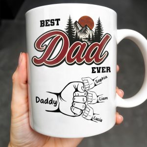 Best Dad Ever, Hand Holding, Mountains and Trees - Personalized Custom Coffee Mug - DAD204_MG