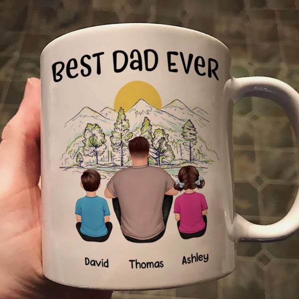 Best Dad Ever Mountain Sketch Back View Man Kids Dog Cat Personalized Mug