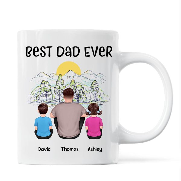 Best Dad Ever Mountain Sketch Back View Man Kids Dog Cat Personalized Mug