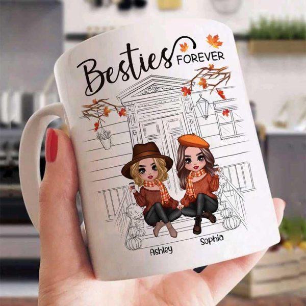 Besties Sisters Fall Season Front Porch Sketch Personalized Mug