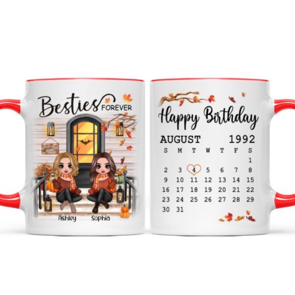 Besties Sisters Forever Happy Birthday Calendar Doll Girl Sitting Fall Season Front Porch Personalized Mug