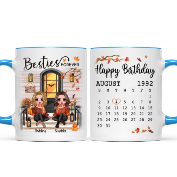 Besties Sisters Forever Happy Birthday Calendar Doll Girl Sitting Fall Season Front Porch Personalized Mug