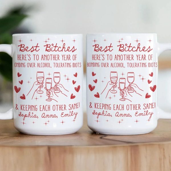 Besties White Ceramic Mug Personalized with Funny Quote, Cute Wine Glass Art, Perfect Unique Gift for Friends and Coworkers