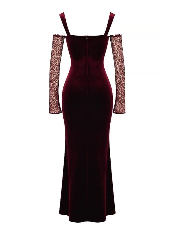 Black Cherry Velvet Lace Long Sleeve Maxi Dress