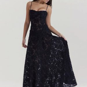 Black Embroidered Sheer Strappy Maxi Dress
