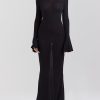 Black Knit Fluted Sleeves Backless Sheer Maxi Dress