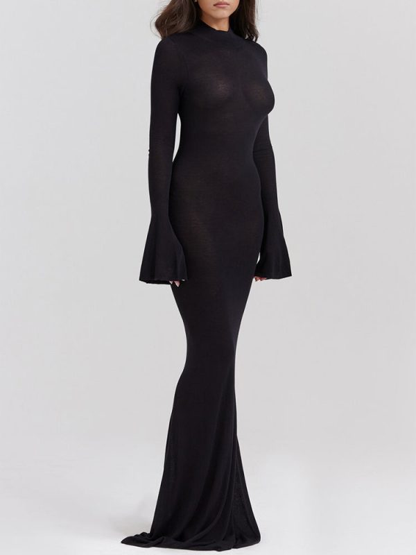 Black Knit Fluted Sleeves Backless Sheer Maxi Dress