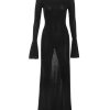 Black Knit Fluted Sleeves Backless Sheer Maxi Dress