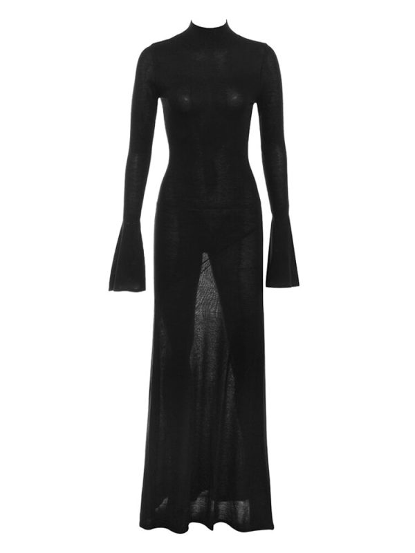 Black Knit Fluted Sleeves Backless Sheer Maxi Dress