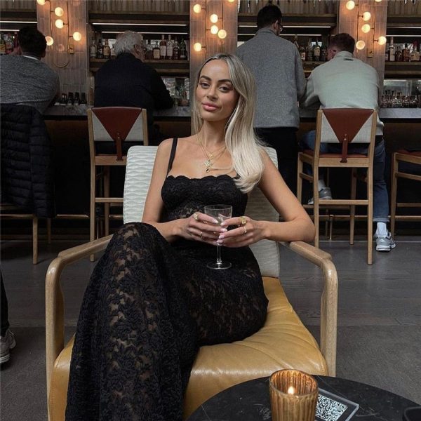 Black Lace Sheer Midi Bodycon Dress