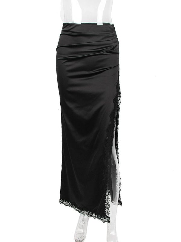 Black Lace Strap Top And Slit Lace Trim Midi Skirt Set