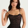 Black Lace Strap Top And Slit Lace Trim Midi Skirt Set