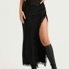 Black Lace Strap Top And Slit Lace Trim Midi Skirt Set