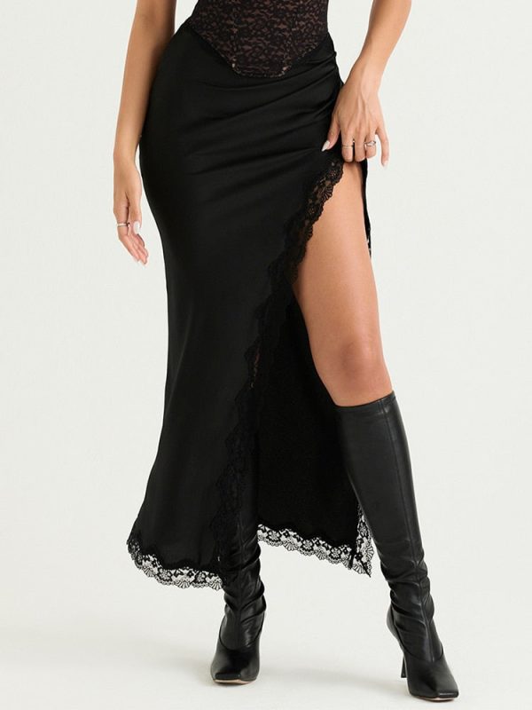 Black Lace Strap Top And Slit Lace Trim Midi Skirt Set