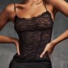 Black Lace Strap Top And Slit Lace Trim Midi Skirt Set