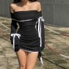 Black Long Sleeve Off-shoulder Bow Mini Dress