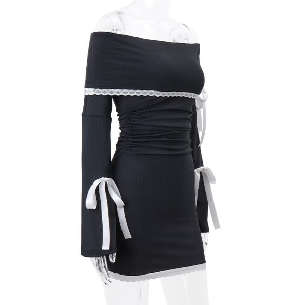 Black Long Sleeve Off-shoulder Bow Mini Dress