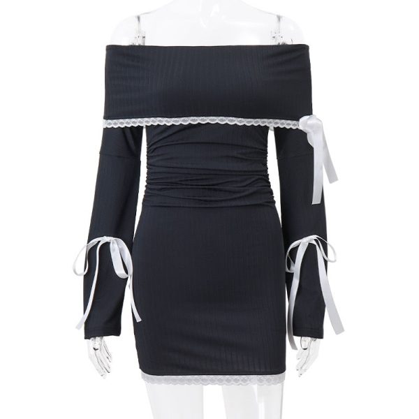 Black Long Sleeve Off-shoulder Bow Mini Dress
