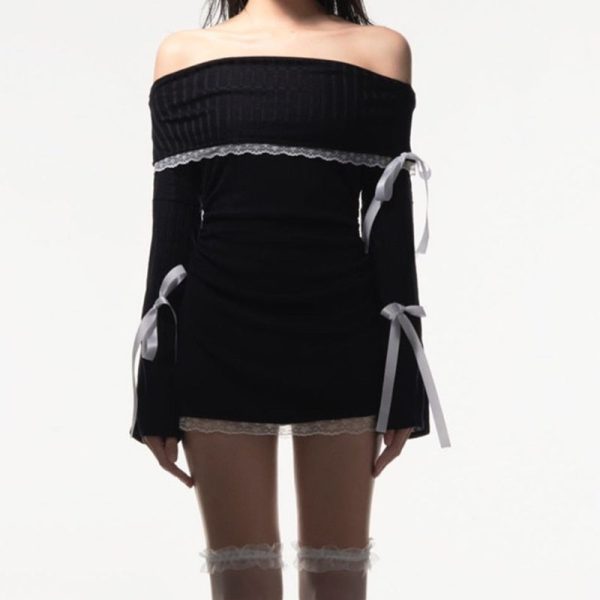 Black Long Sleeve Off-shoulder Bow Mini Dress