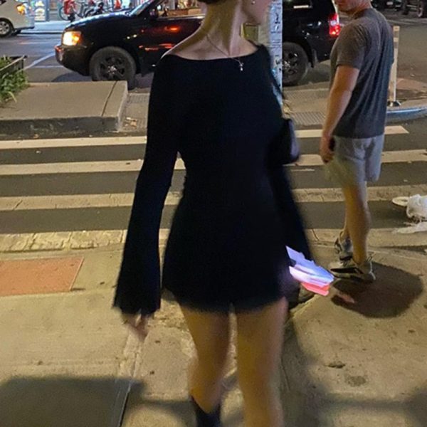 Black Mesh Long Sleeve Backless Mini Dress