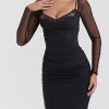 Black Mesh Long Sleeves Lace Trim Maxi Dress