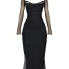 Black Mesh Long Sleeves Lace Trim Maxi Dress