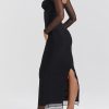 Black Mesh Long Sleeves Lace Trim Maxi Dress