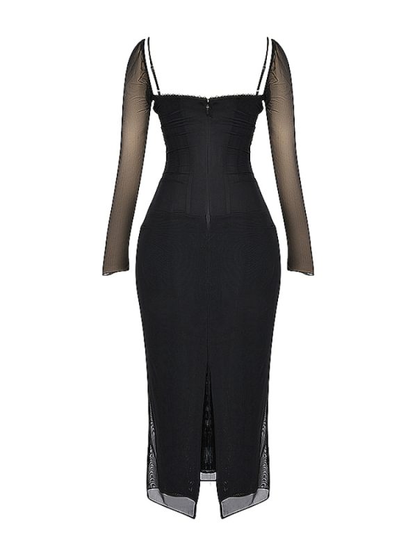 Black Mesh Long Sleeves Lace Trim Maxi Dress