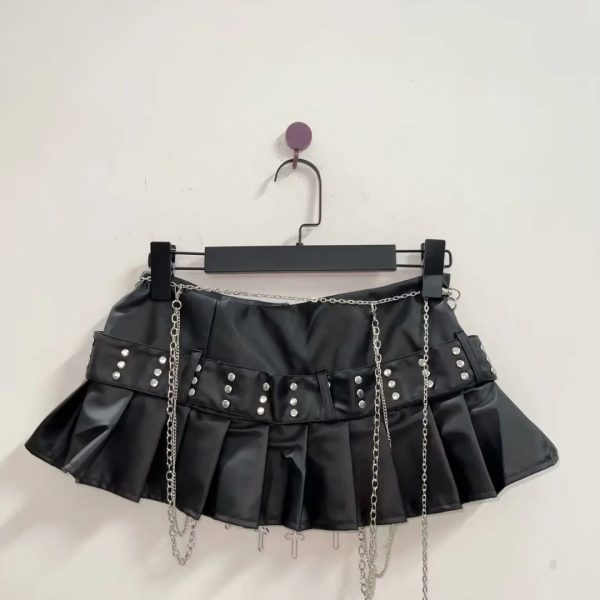 Black Micro Pleated Cross Chain Skirt