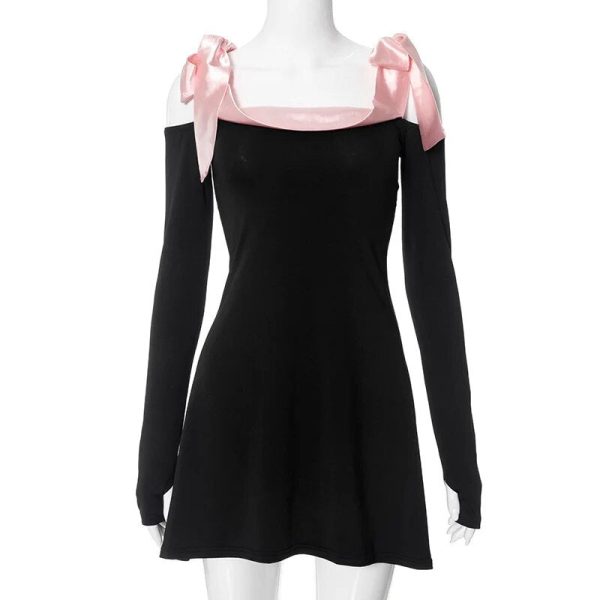 Black Off-shoulder Bow Long Sleeve Mini Dress