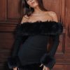 Black Off-shoulder Fur Long Sleeve Mini Dress