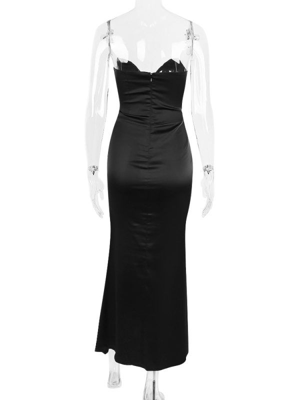 Black Satin Sweetheart Bodycon Midi Dress