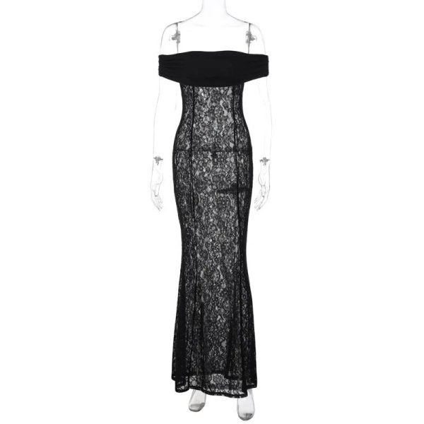 Black Sheer Lace Off Shoulder Maxi Dress