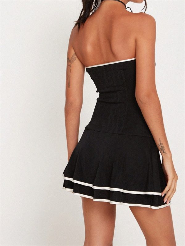Black Tube Frill White Trim Mini Dress