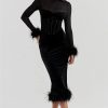 Black Velvet Long Sleeve Fur Trim Bodycon Midi Dress