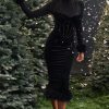 Black Velvet Long Sleeve Fur Trim Bodycon Midi Dress