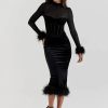 Black Velvet Long Sleeve Fur Trim Bodycon Midi Dress