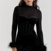 Black Velvet Long Sleeve Fur Trim Bodycon Midi Dress