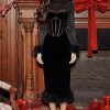 Black Velvet Long Sleeve Fur Trim Bodycon Midi Dress