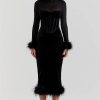 Black Velvet Long Sleeve Fur Trim Bodycon Midi Dress