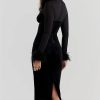 Black Velvet Long Sleeve Fur Trim Bodycon Midi Dress