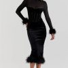 Black Velvet Long Sleeve Fur Trim Bodycon Midi Dress