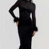 Black Velvet Long Sleeve Fur Trim Bodycon Midi Dress