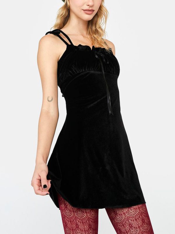 Black Velvet Ruched Bust A-line Mini Dress