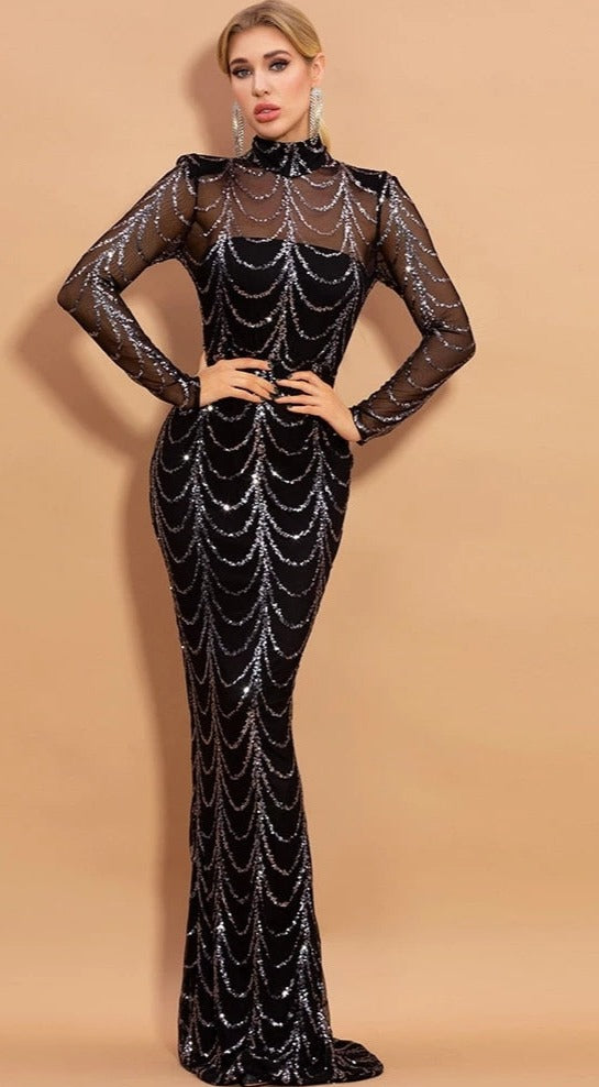 Black With Gold/Sliver Sequins Maxi Dresses