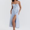 Blue Broderie Anglais Slit Midi Dress