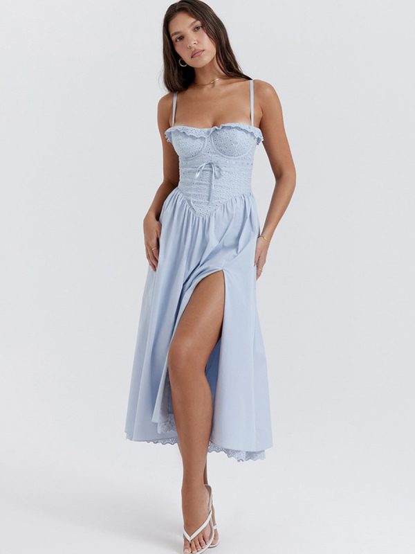 Blue Broderie Anglais Slit Midi Dress