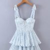 Blue Floral Bustier Tie Up Frill Mini Dress